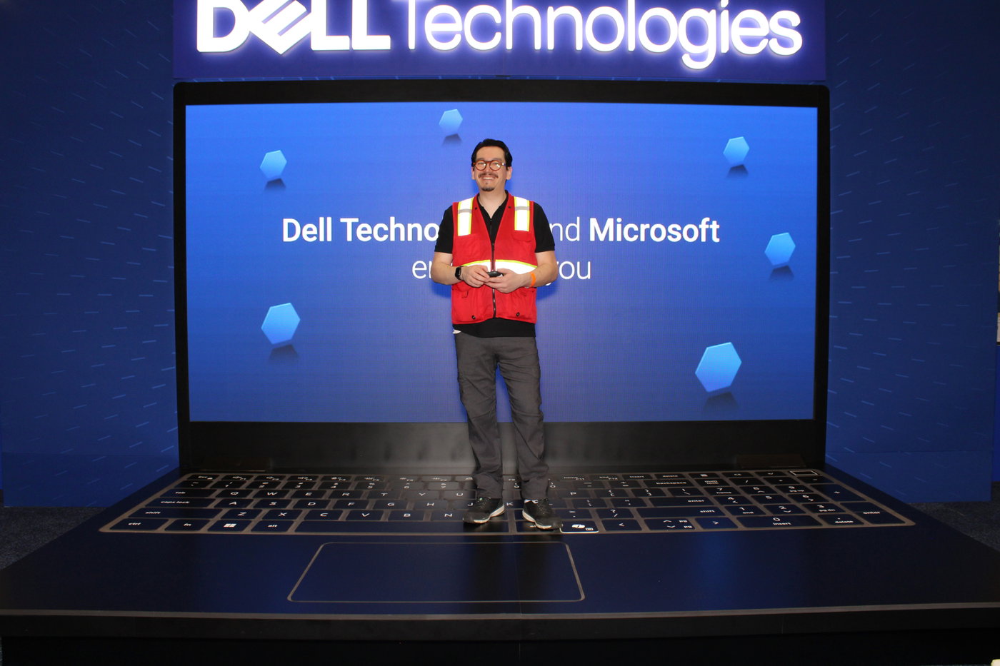The Dell Dream Desk giant laptop stage under the Dell Technologies sign