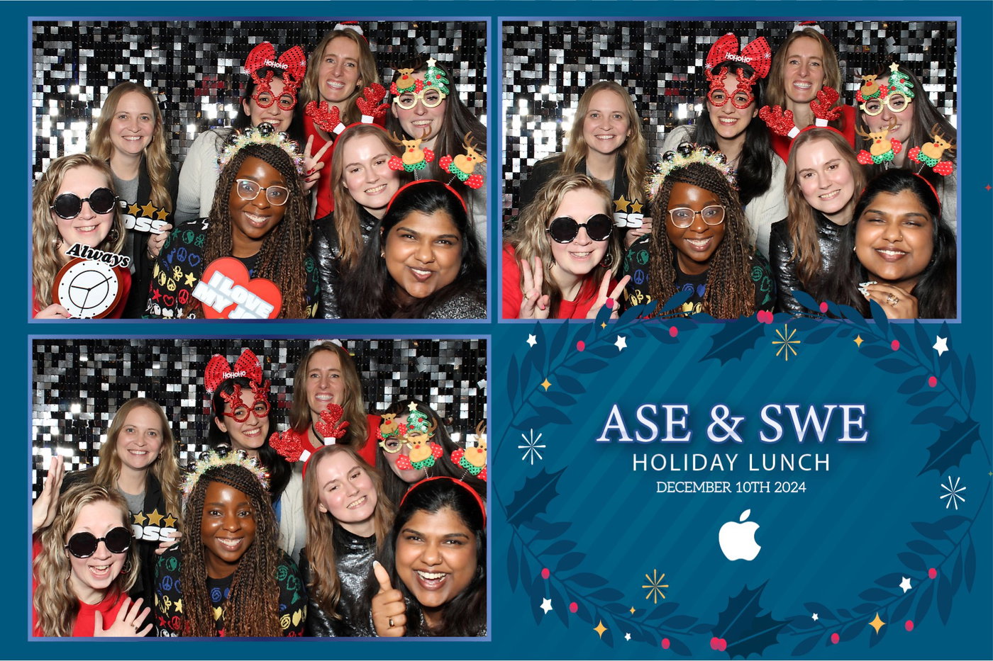 An ASE and SWE Holiday Lunch print with three photos and a navy holiday frame