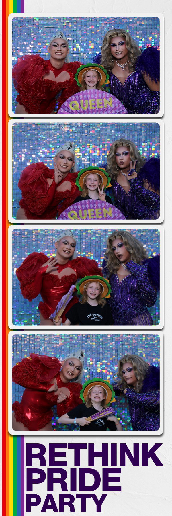 A Rethink Pride Party photo strip with a rainbow frame