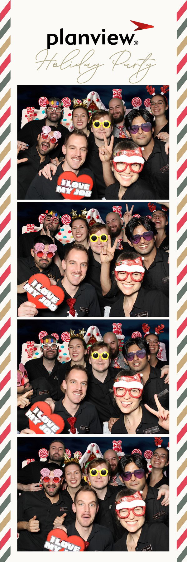 A Planview Holiday Party photo strip with a red and green airmail border